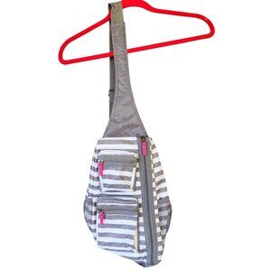 Thirty One Sling Bag  Adjustable Backpack Gray & White Stripe Pink Lining